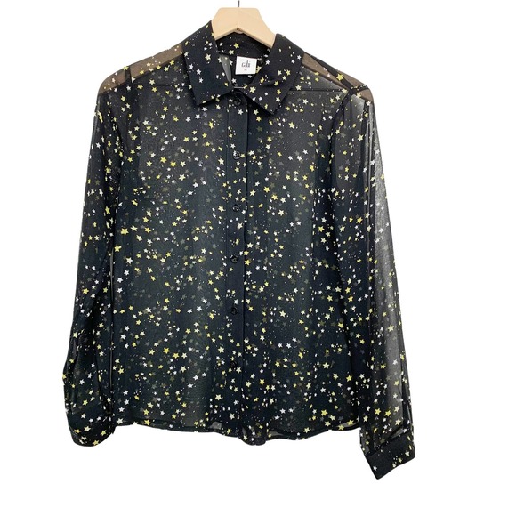 CAbi Tops - Cabi Star Print Blouse Size XS Sheer Long Sleeve Black Button Up Top Collared